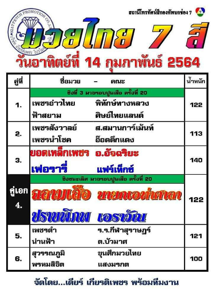 โปรแกรมมวย ศึกมวยไทย 7 สี วันอาทิตย์ที่ 14